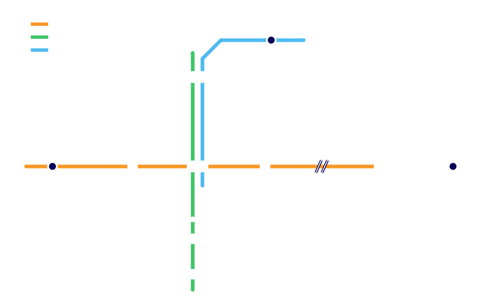 札幌の地下鉄の路線図。東西線の西18丁目、西11丁目、大通、バスセンター前、新さっぽろ、南北線のさっぽろ、すすきの、中島公園。JR快速エアポートで新千歳空港へ